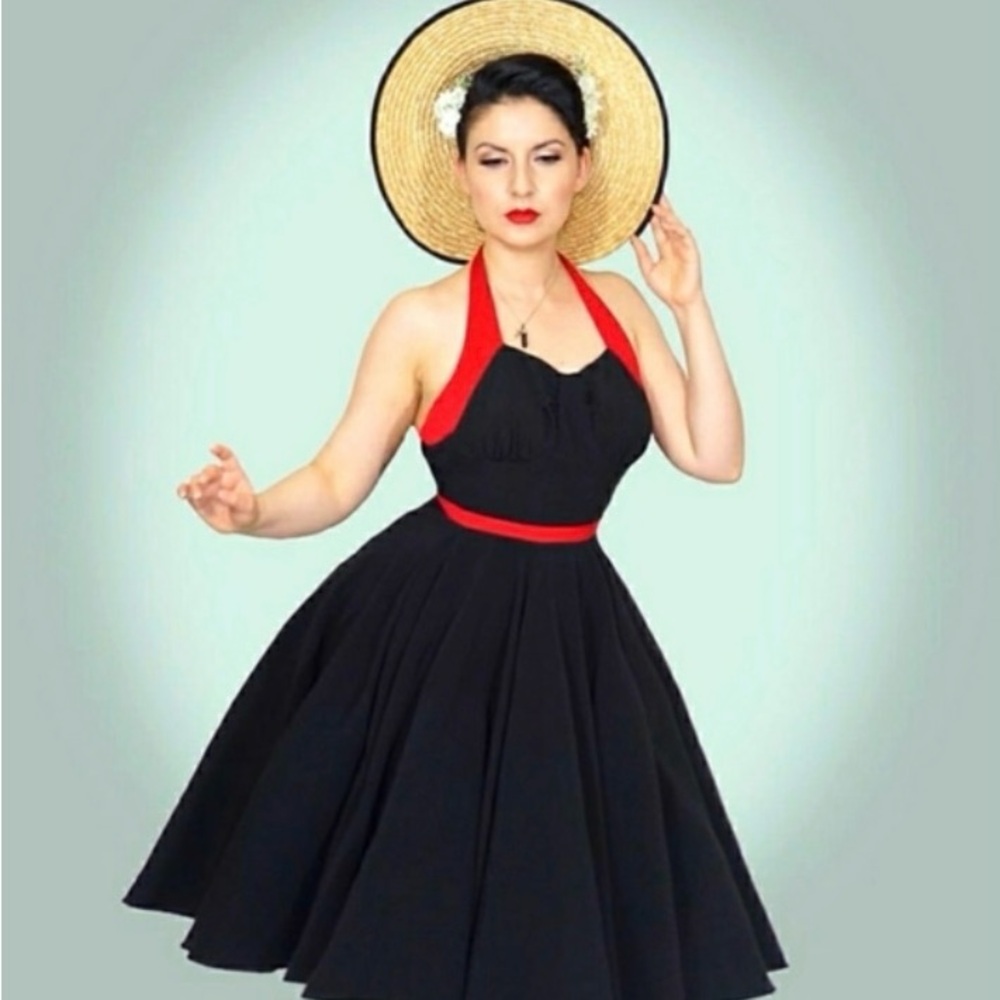 Rock Steady Swing Flare Black and Red Rockabilly Pinup Halter Dress